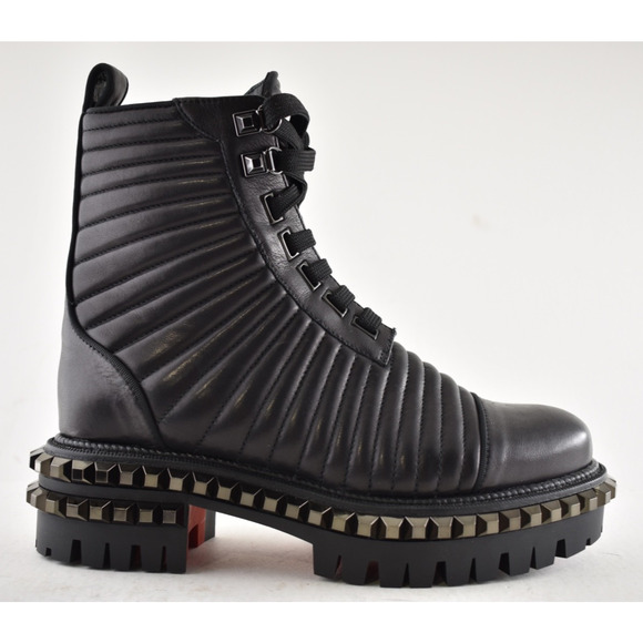 Christian Louboutin Yetota Flat Calf Leather Black Spike Combat Ankle Boot 36.5 - Picture 2 of 11